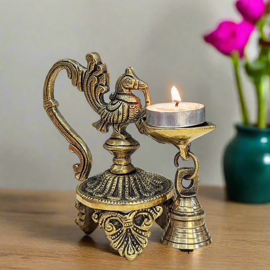 Antique Brass Peacock Diya with Bell