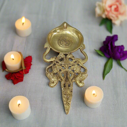 Brass Handcrafted Aarti Spoon with Large Diya and Carved Handle