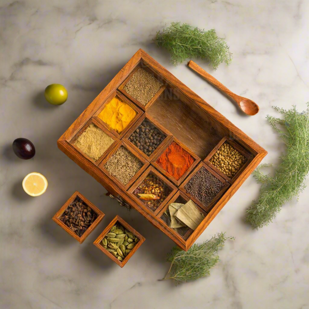 Wooden Handmade Rectangular Masala Box/Spice Box/Storage Box having 12 Square Detachable Containers, Brown Color