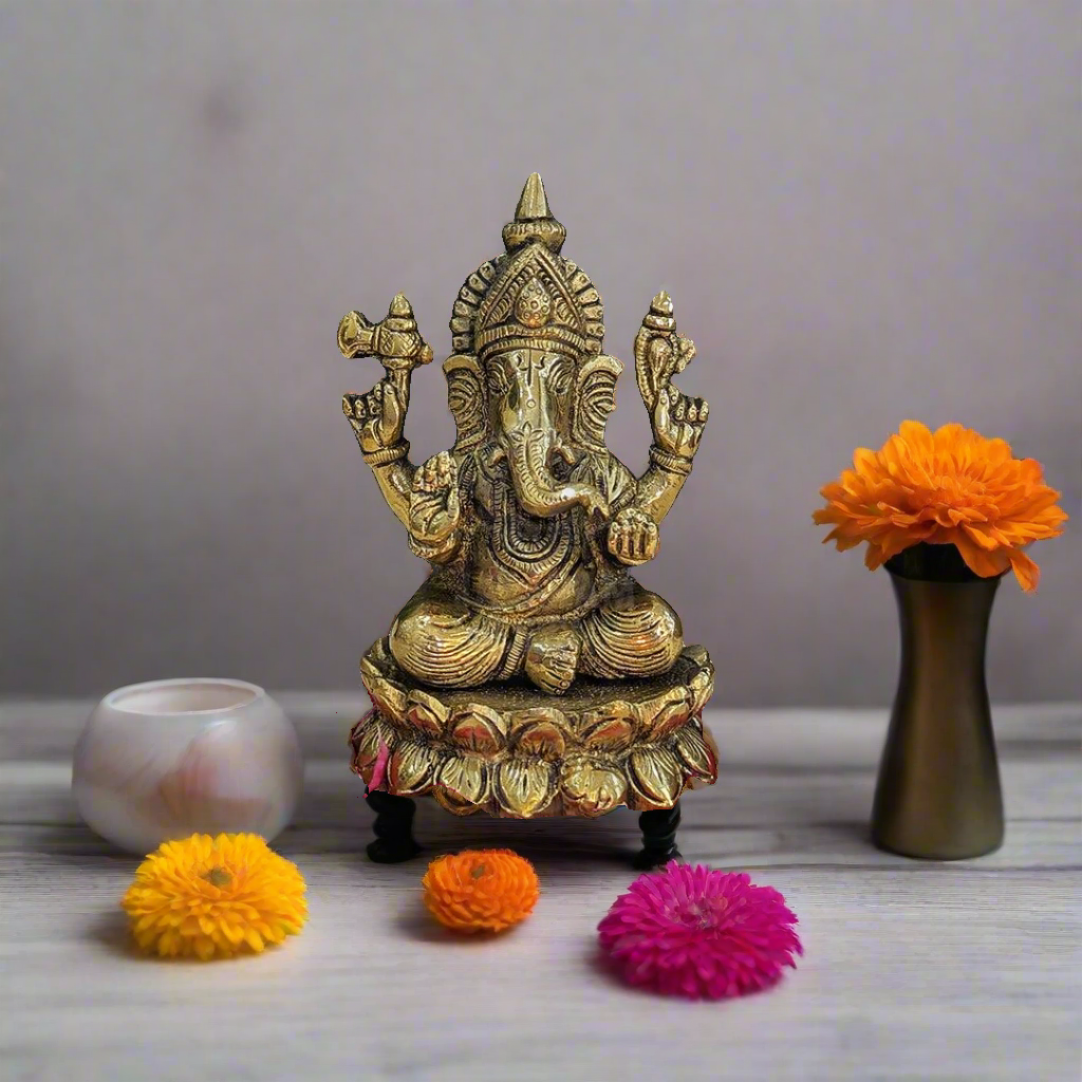 Brass Ganesha on Lotus,Ganesha Statue