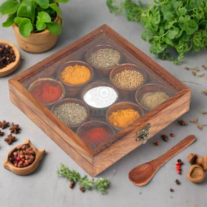 Wooden Handmade Square Masala Box/ Spice Box/ Storage Box having 9 Round Detachable Containers, Brown Color