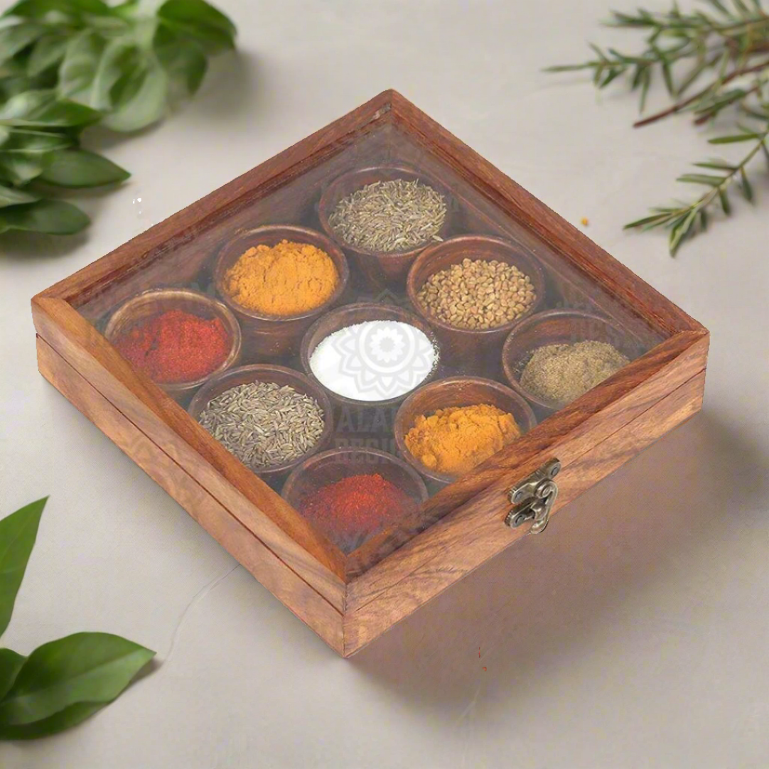 Wooden Handmade Square Masala Box/ Spice Box/ Storage Box having 9 Round Detachable Containers, Brown Color