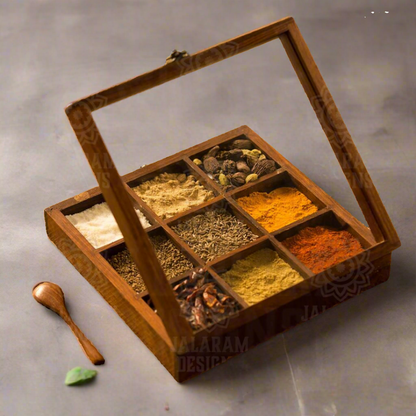 Wooden Handmade Square Masala Box/ Spice Box/ Storage Box having 9 Detachable Containers, Brown Color