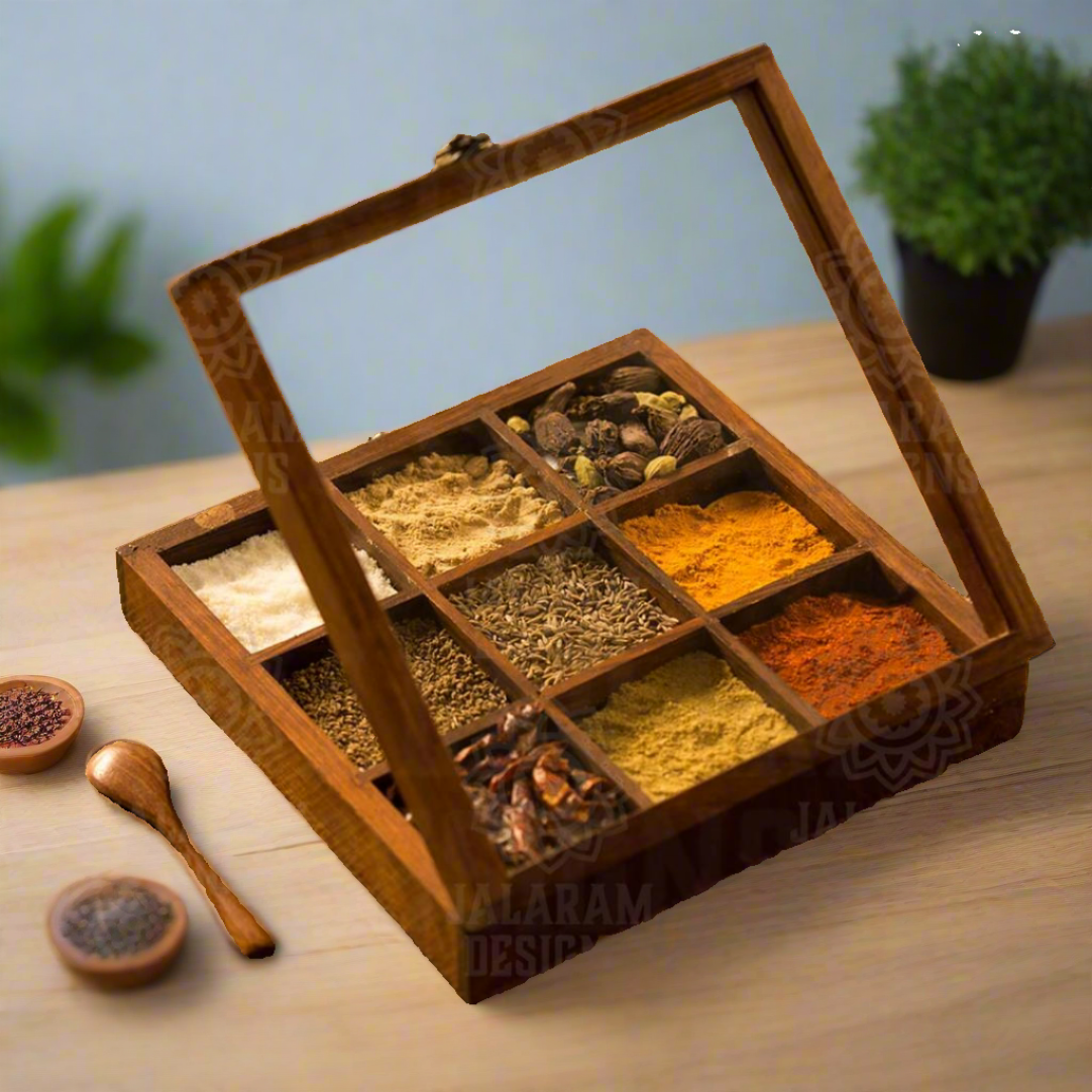 Wooden Handmade Square Masala Box/ Spice Box/ Storage Box having 9 Detachable Containers, Brown Color