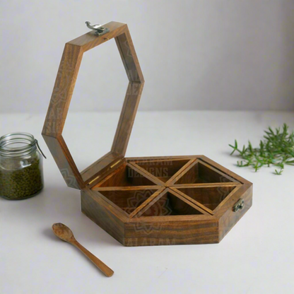 Wooden Handmade Masala Box/Spice Box/Storage Box having 6 Detachable Containers, Brown Color