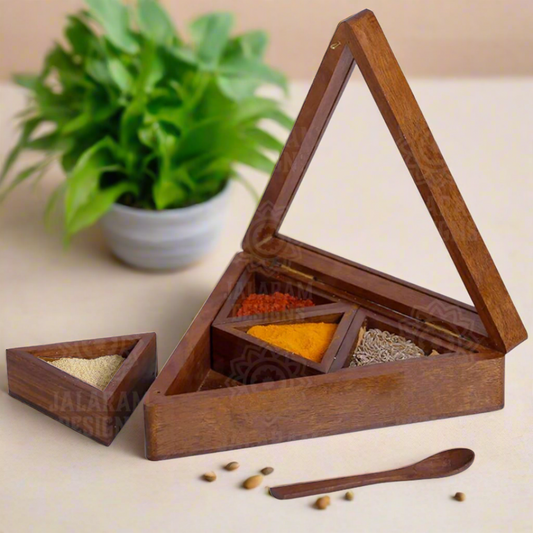 Wooden Handmade Masala Box/Spice Box/Storage Box having 4 Detachable Containers, Brown Color