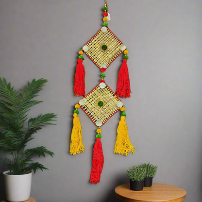 Pom Pom String with Golden Square Shape Wall Hanging