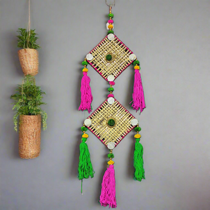 Pom Pom String with Golden Square Shape Wall Hanging