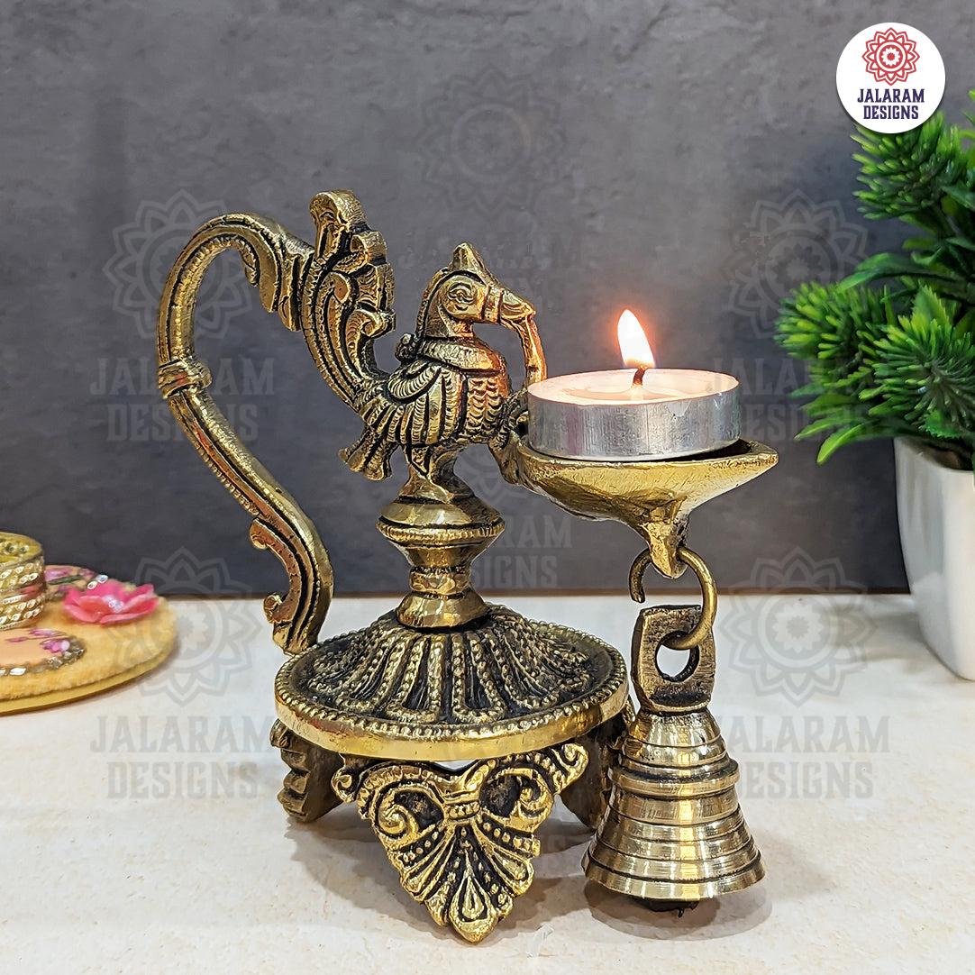 Antique Brass Peacock Diya with Bell