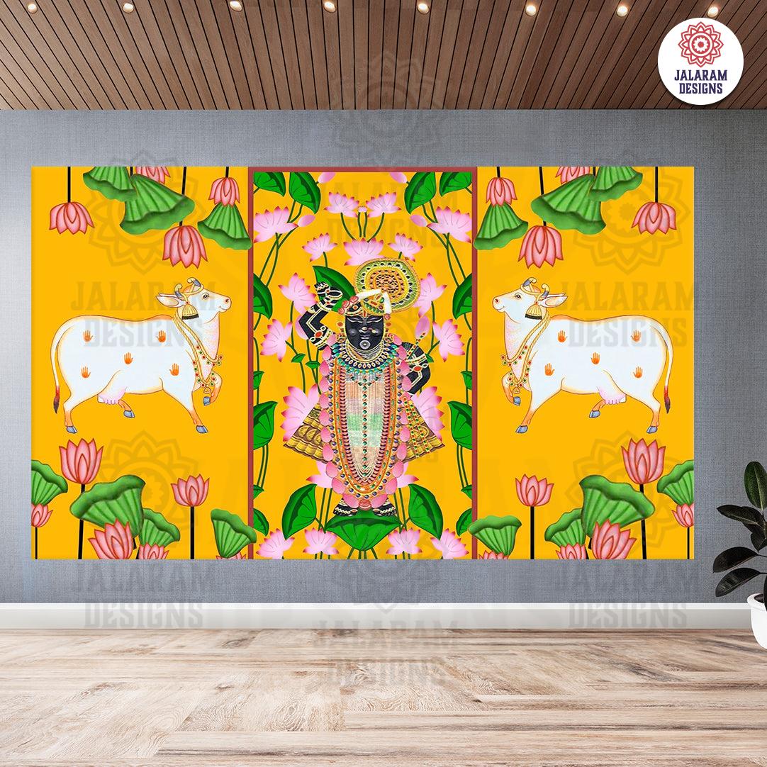 Indian Tradition Two cow with Srinathji design Decoration Backdrop Cloth for Pooja Decoration Traditional Background Curtain Size (5x8) FT