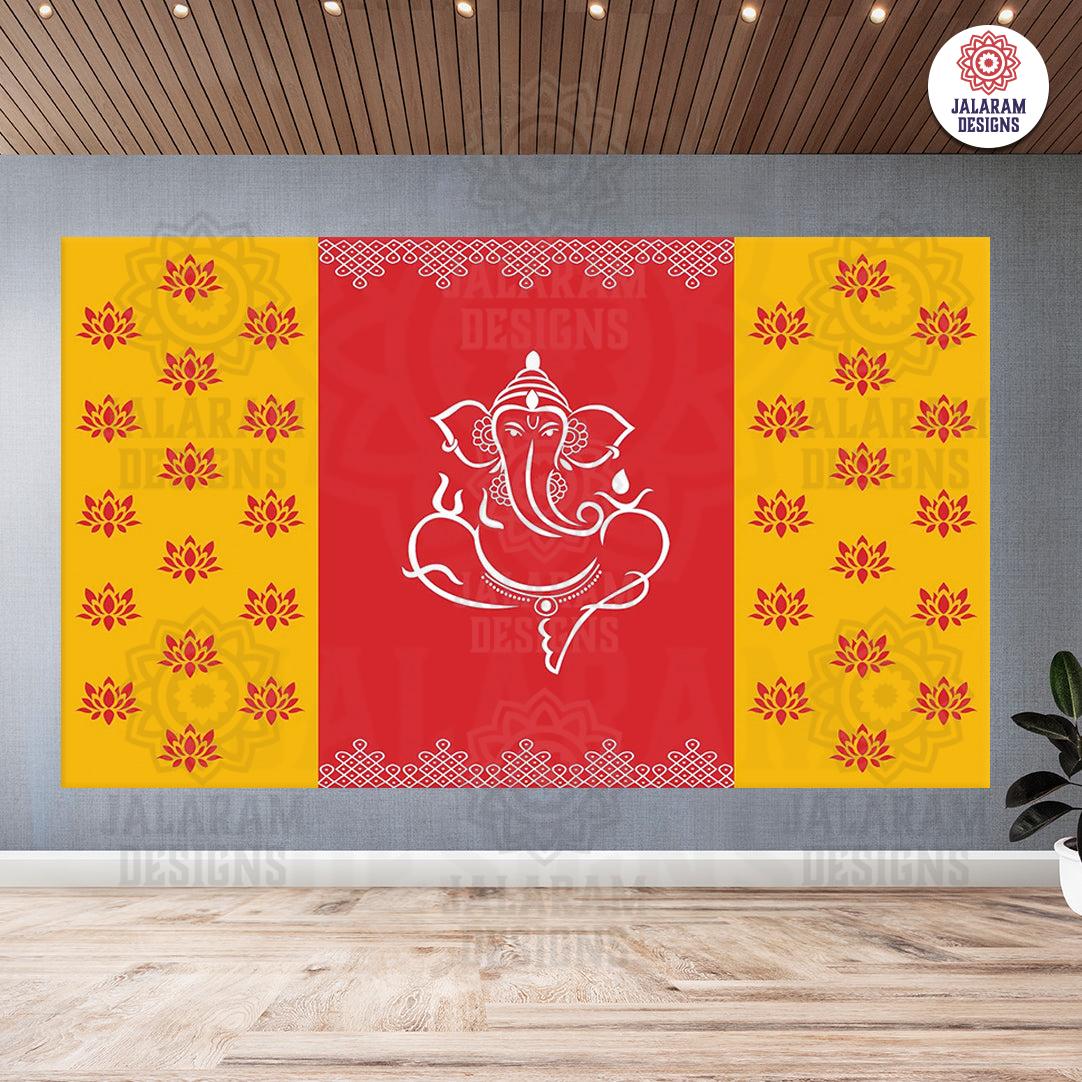 Indian Tradition Lotus flower with Ganeshji Design Decoration Backdrop Cloth for Pooja Decoration Tradition Festival Size (5x8) FT