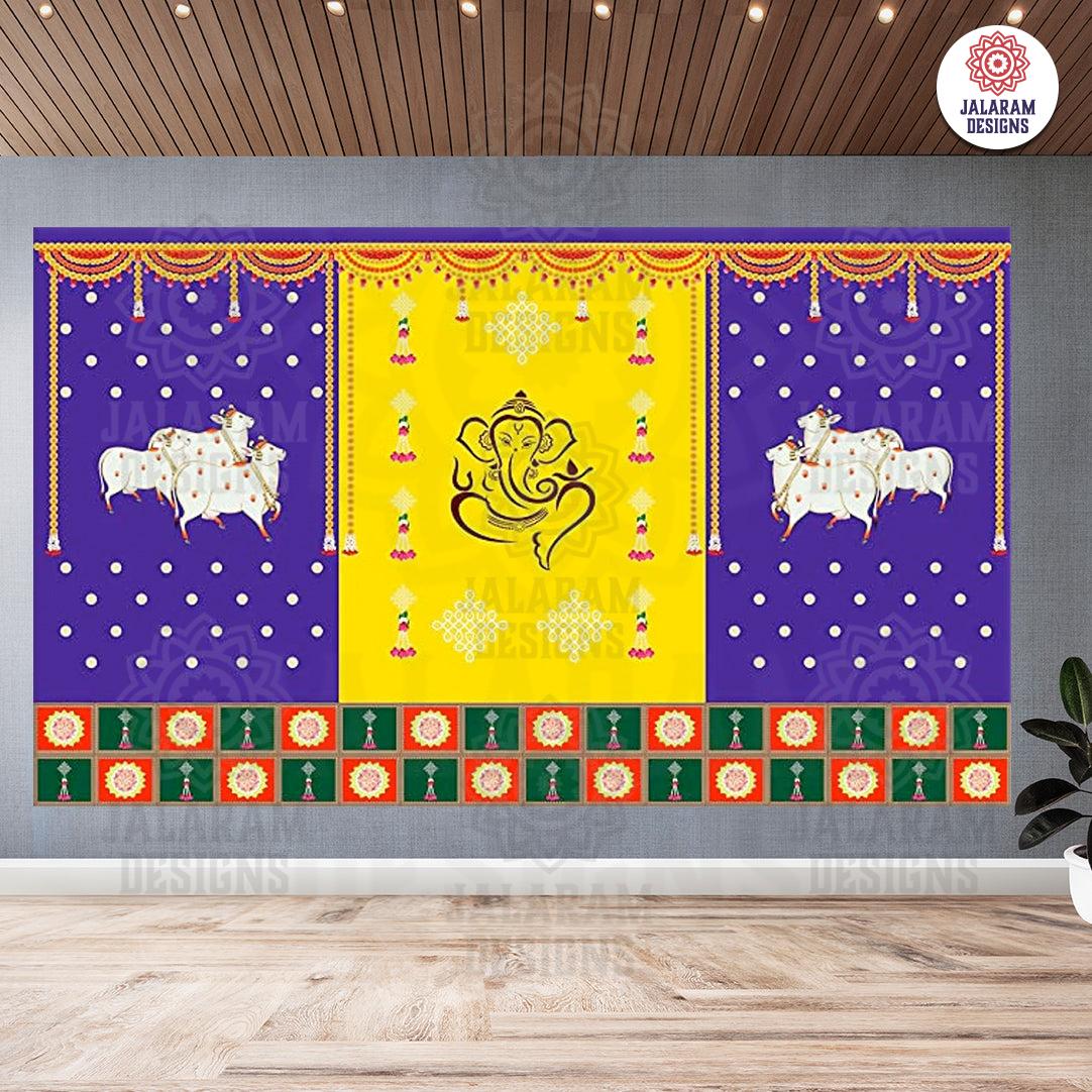 Two Cows with Ganesh Ji Backdrop Curtain for Decoration Backdrop Cloth for Pooja Decoration Traditional / Background Curtain Size (5x8) FT