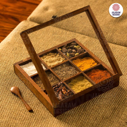 Wooden Handmade Square Masala Box/ Spice Box/ Storage Box having 9 Detachable Containers, Brown Color