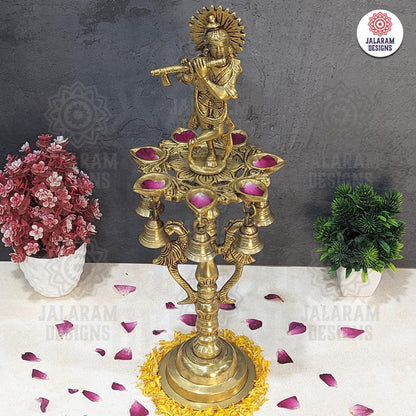 Brass Krishana Diya Stand with Bell