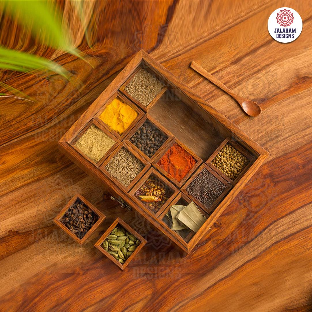 Wooden Handmade Rectangular Masala Box/Spice Box/Storage Box having 12 Square Detachable Containers, Brown Color