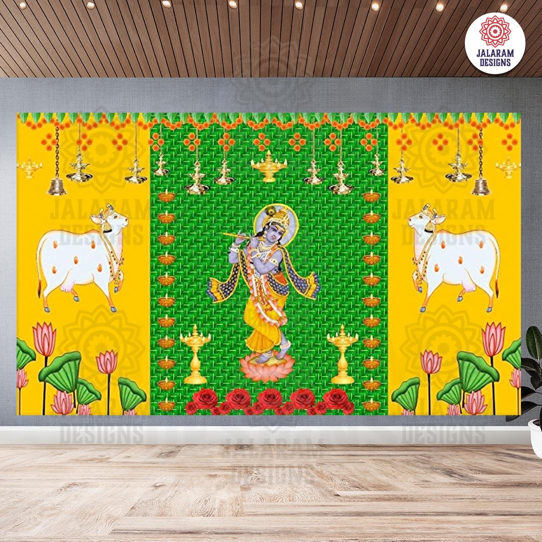 Cow and Green chatiya with Shree Krishna Design Backdrop Cloth for Pooja Decoration Traditional Background Curtain Cloth Size (5x8) FT