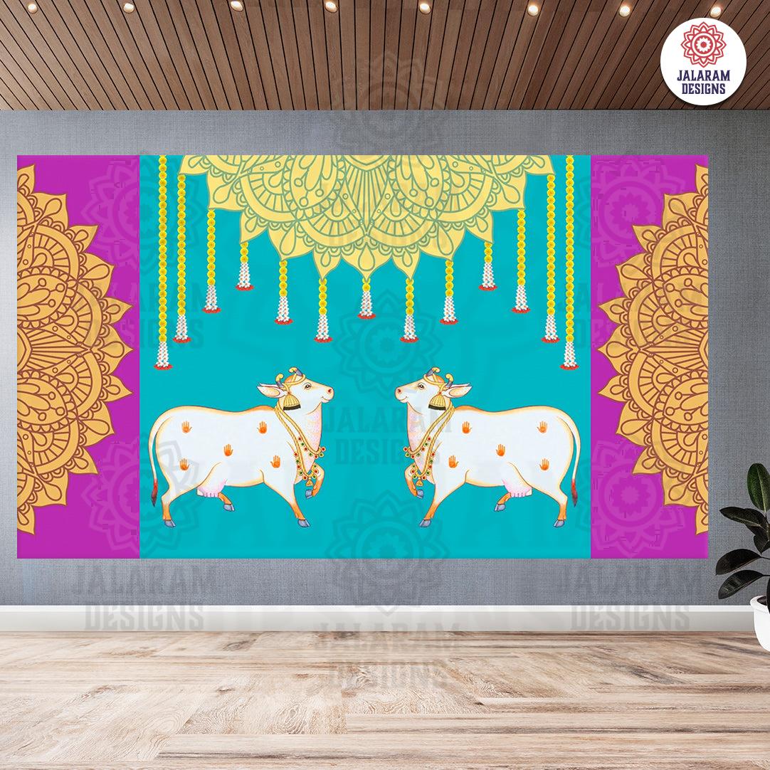 Two Cows with Purple Blue Rangoli and Hanging Flower Design Backdrop Curtain for Decoration Backdrop Cloth for Pooja Decoration Size (5x8) FT