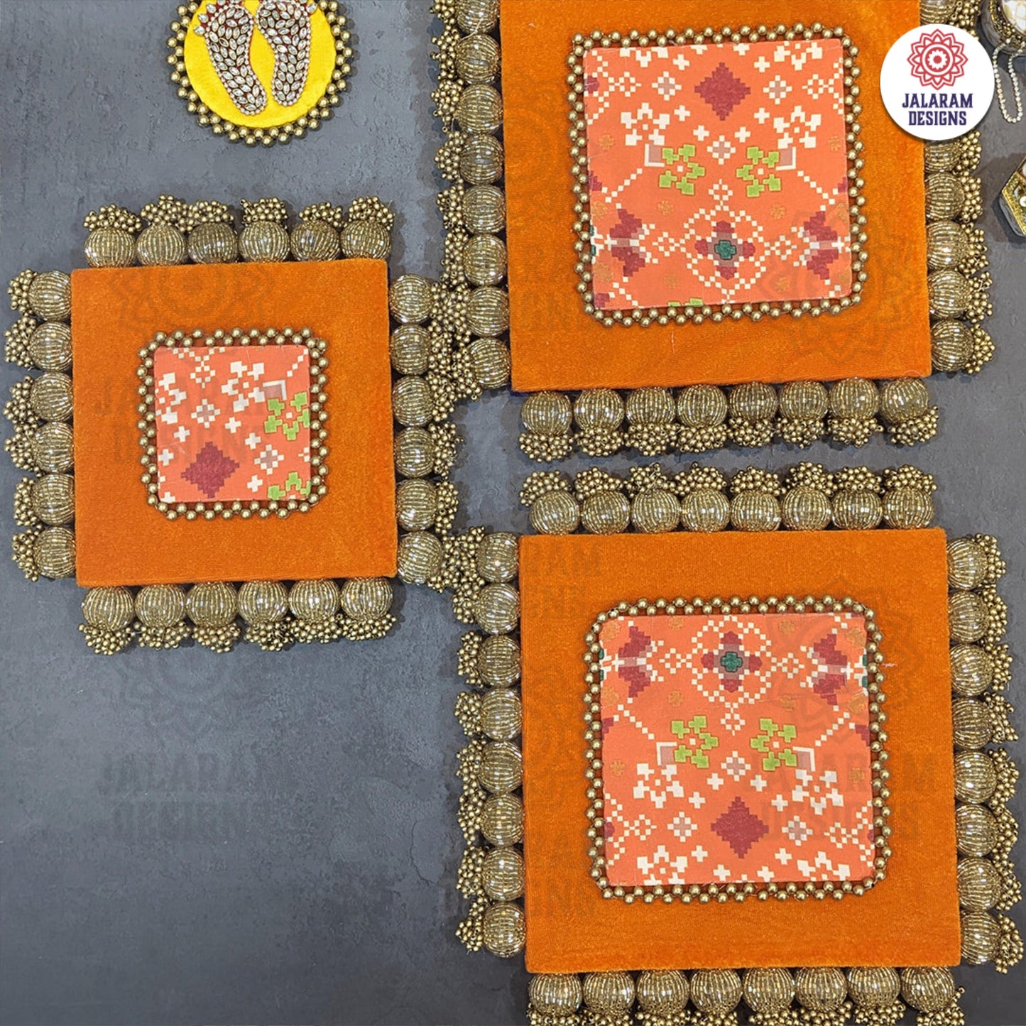 Double Sided Patola Coaster Set (3 pieces) - Blue & Orange