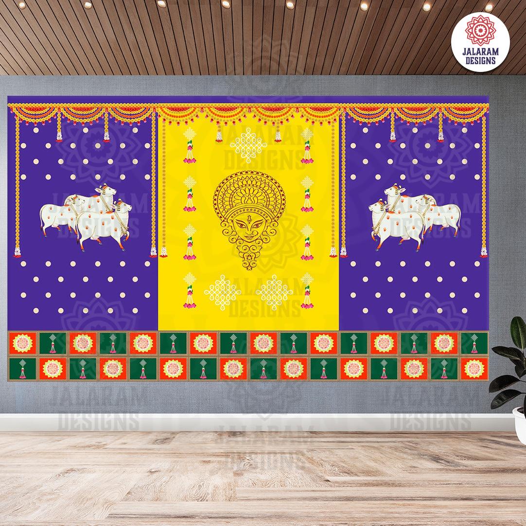 Two Cows with Durga Mata Face Design Backdrop Curtain for Decoration Backdrop Cloth for Pooja Decoration Traditional/Background Size (5x8) FT