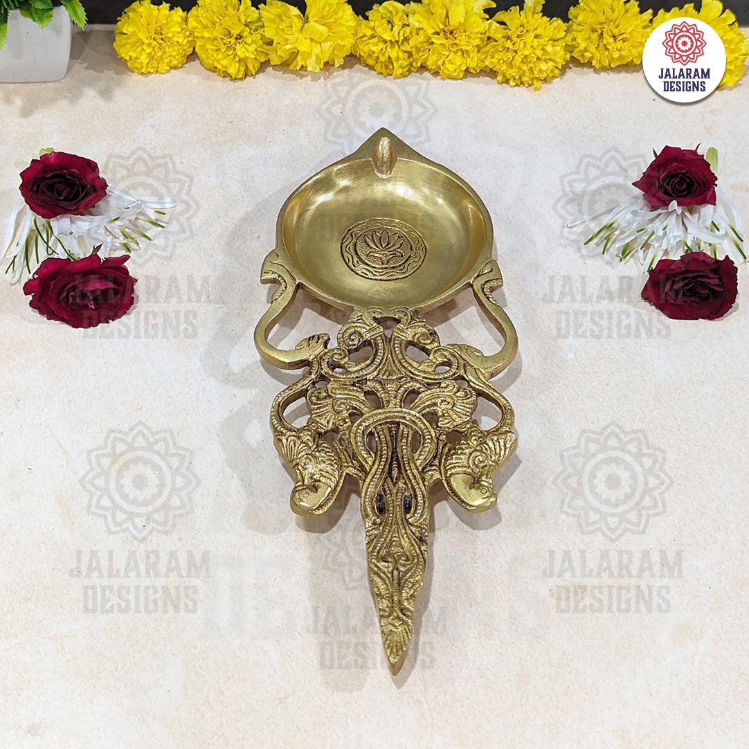 Brass Handcrafted Aarti Spoon with Large Diya and Carved Handle