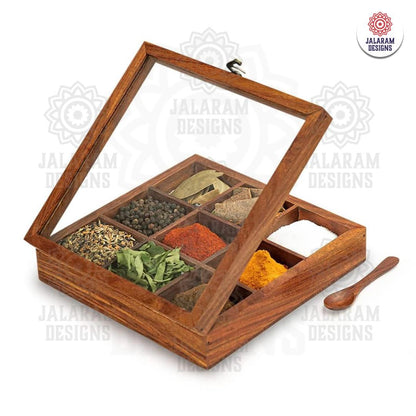 Wooden Handmade Square Masala Box/ Spice Box/ Storage Box having 9 Detachable Containers, Brown Color