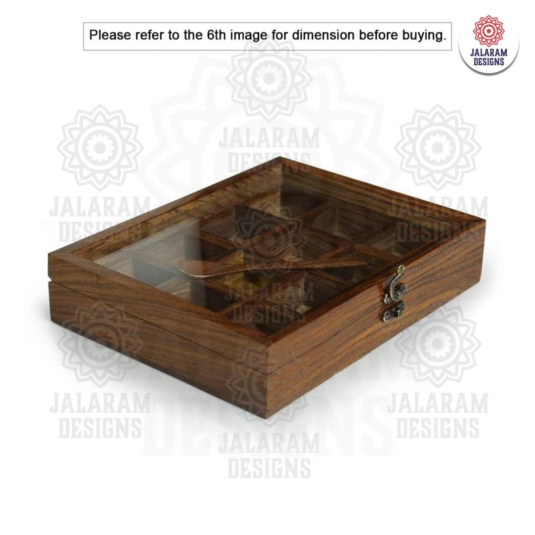 Wooden Handmade Rectangular Masala Box/Spice Box/Storage Box having 12 Square Detachable Containers, Brown Color