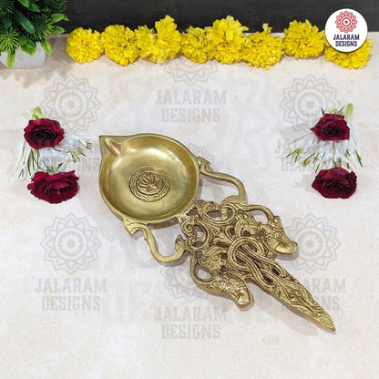 Brass Handcrafted Aarti Spoon with Large Diya and Carved Handle