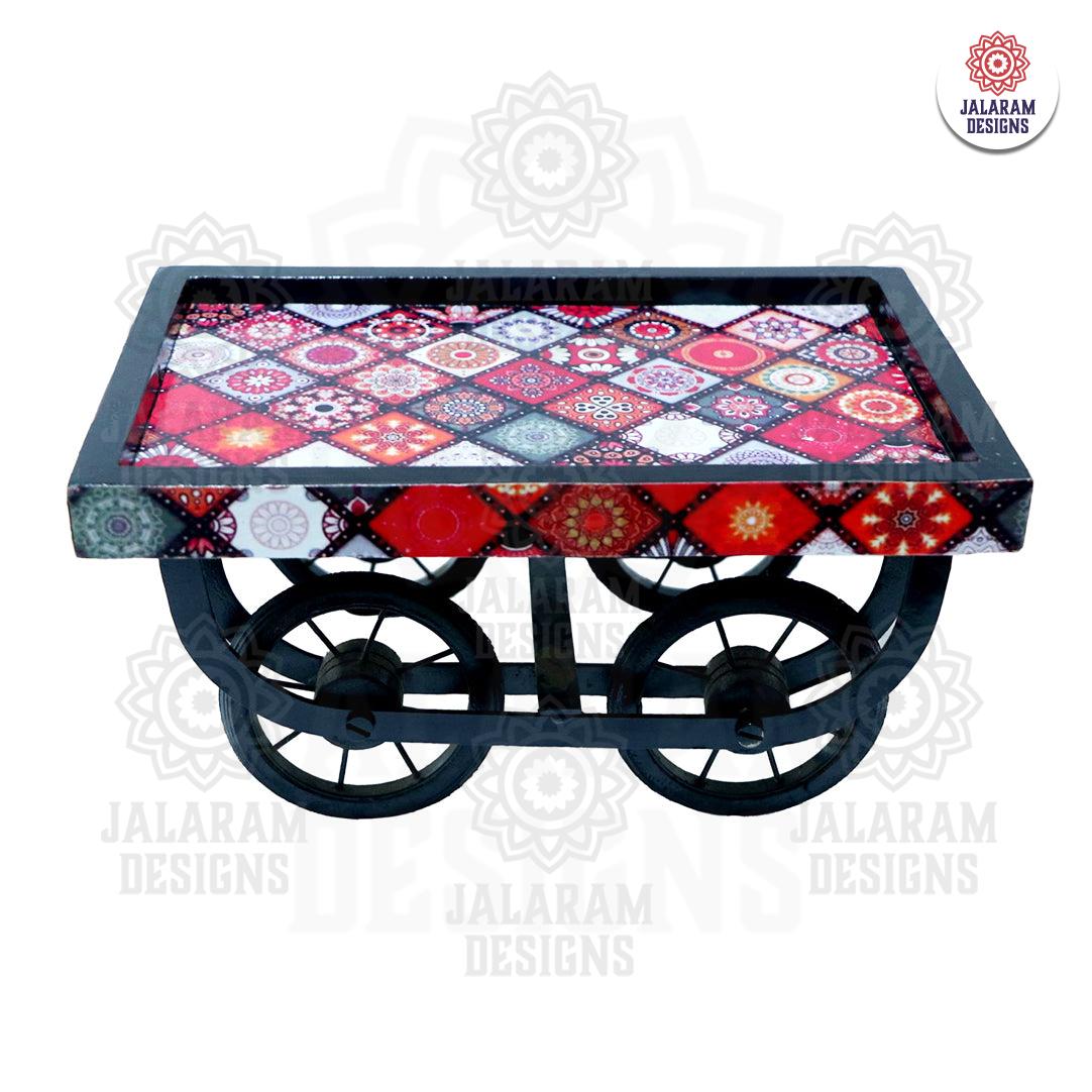 Serving Thela Cart Platter Trolley Platter for Dining Table, Kitchen Decor Wood Decorative Platter (Red)