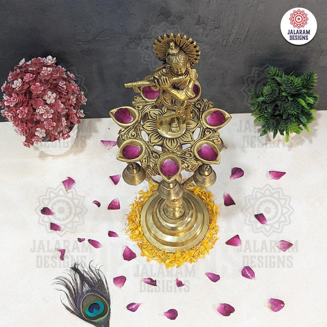 Brass Krishana Diya Stand with Bell