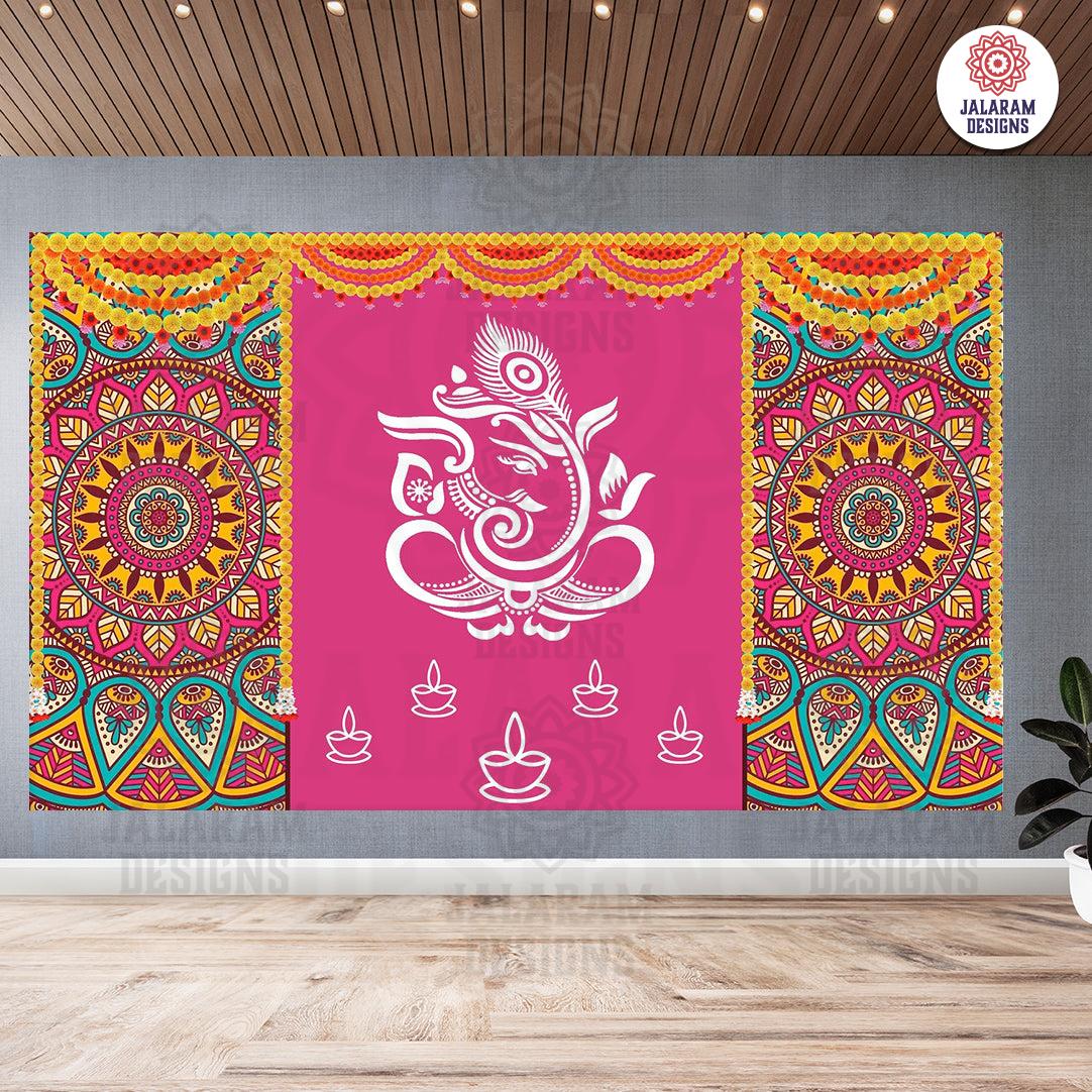 Indian Tradition Hanging Flower With Rangoli (Muggu) and GANESH JI Design Decoration Backdrop Cloth for Pooja Decoration Size (5x8) FT