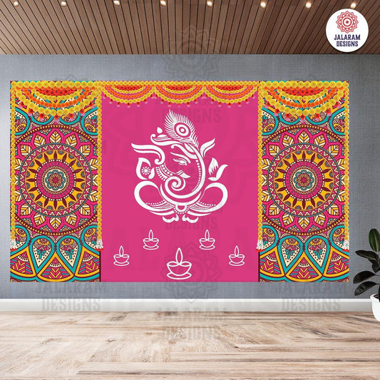 Indian Tradition Hanging Flower With Rangoli (Muggu) and GANESH JI Design Decoration Backdrop Cloth for Pooja Decoration Size (5x8) FT