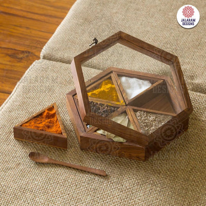 Wooden Handmade Masala Box/Spice Box/Storage Box having 6 Detachable Containers, Brown Color