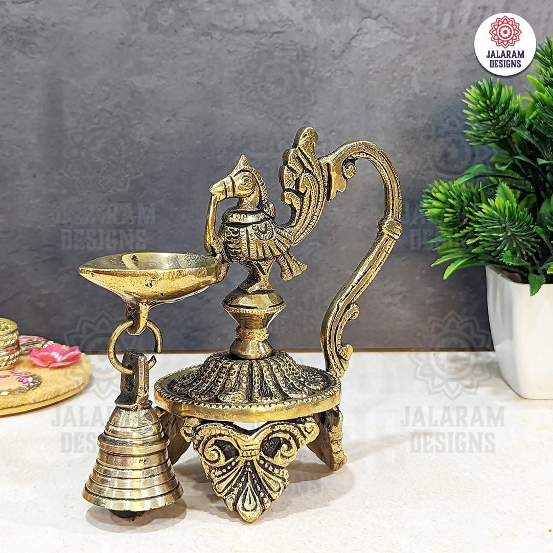 Antique Brass Peacock Diya with Bell