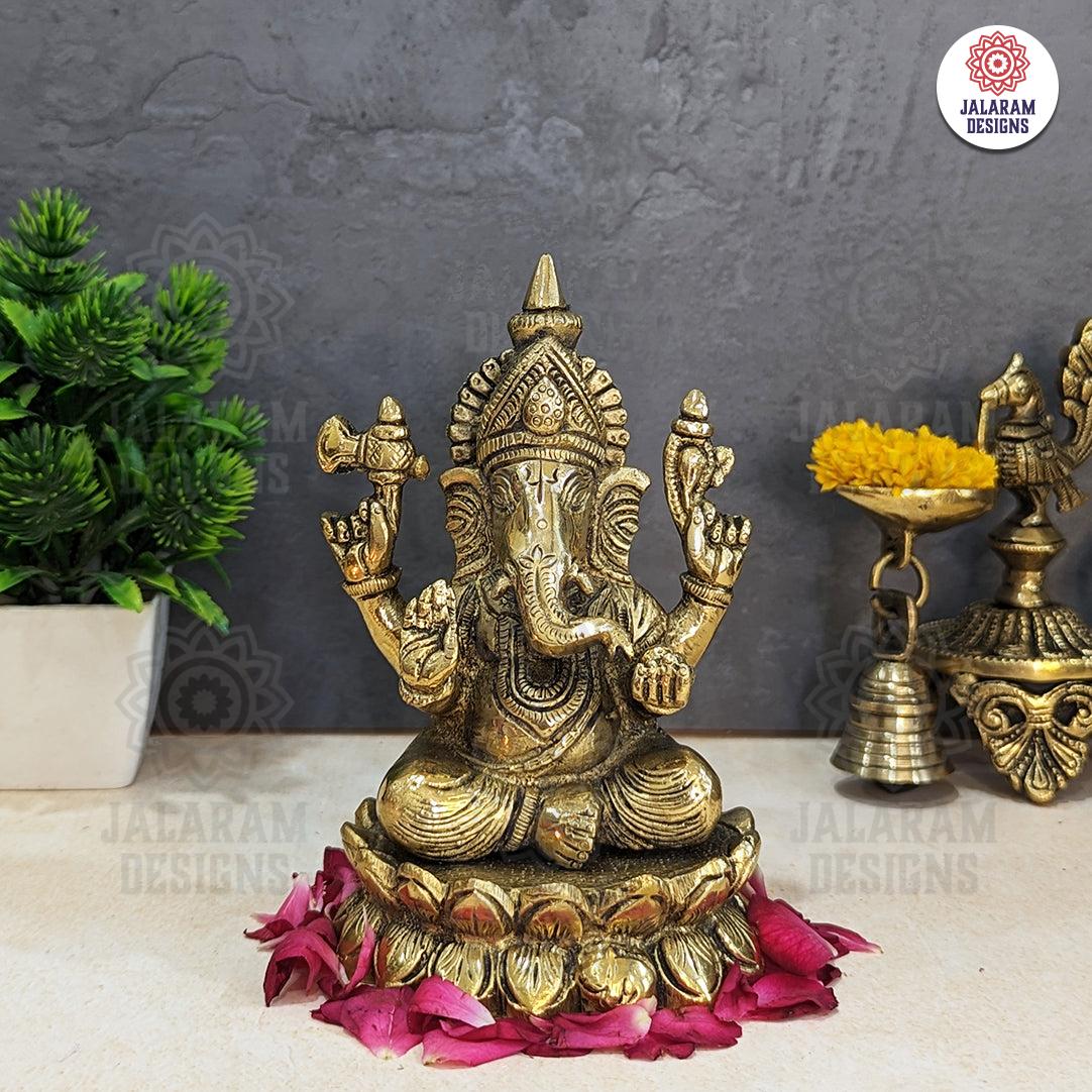 Brass Ganesha on Lotus,Ganesha Statue