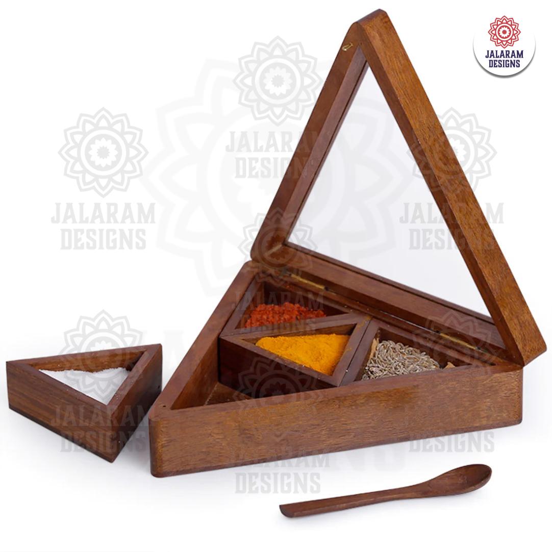 Wooden Handmade Masala Box/Spice Box/Storage Box having 4 Detachable Containers, Brown Color