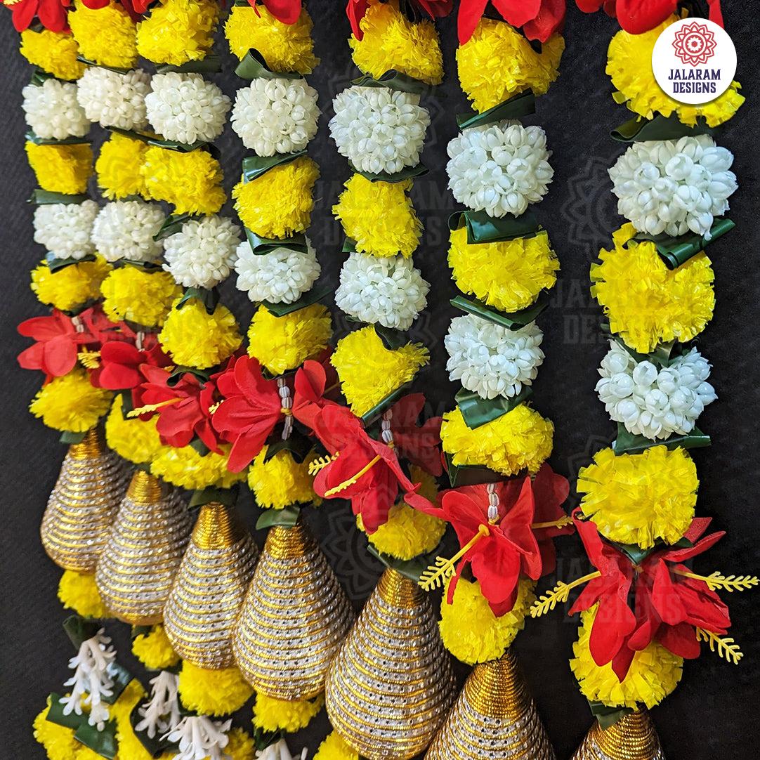 Decorative Yellow Marigold, Rajnigandha, And Diamond Dangler Strings