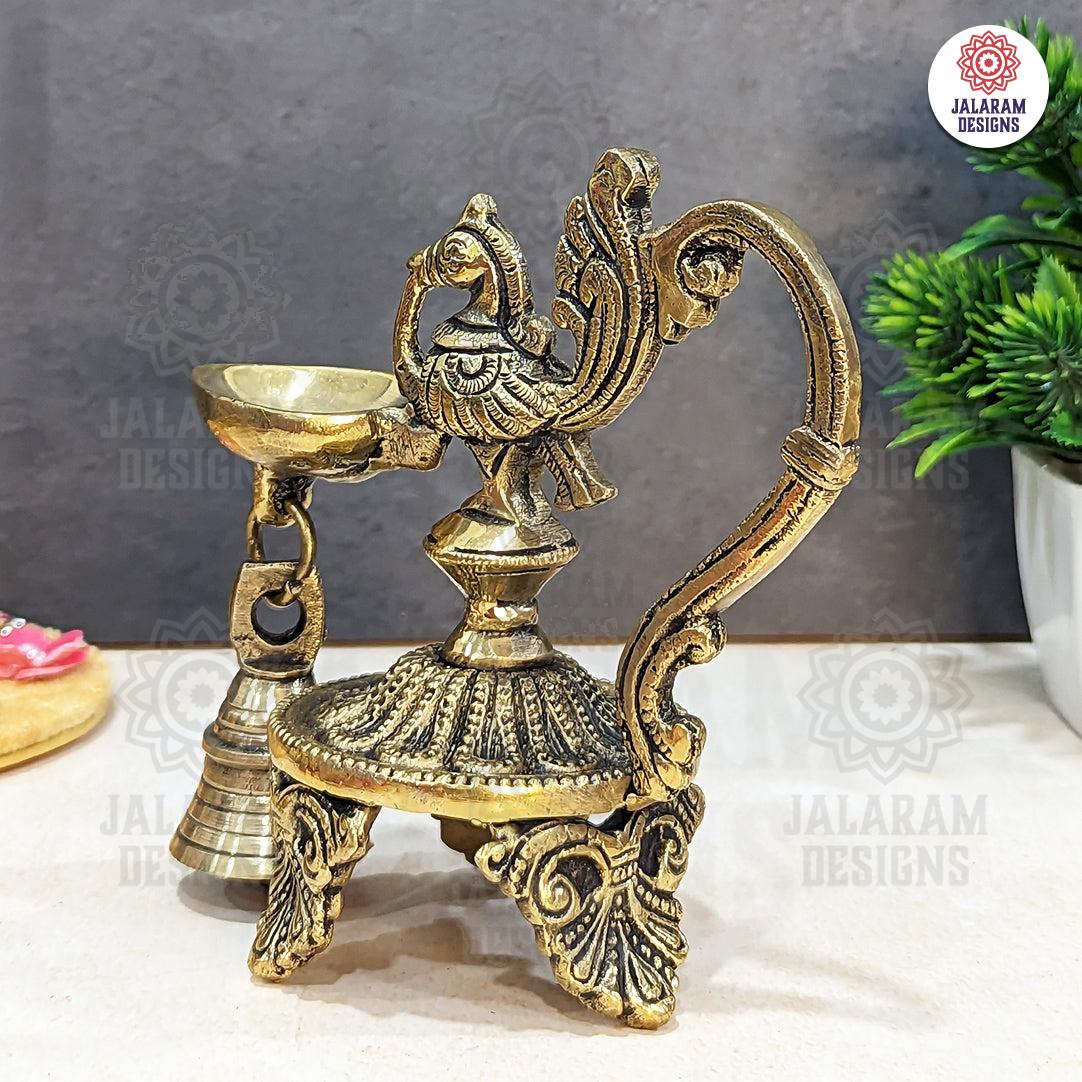 Antique Brass Peacock Diya with Bell