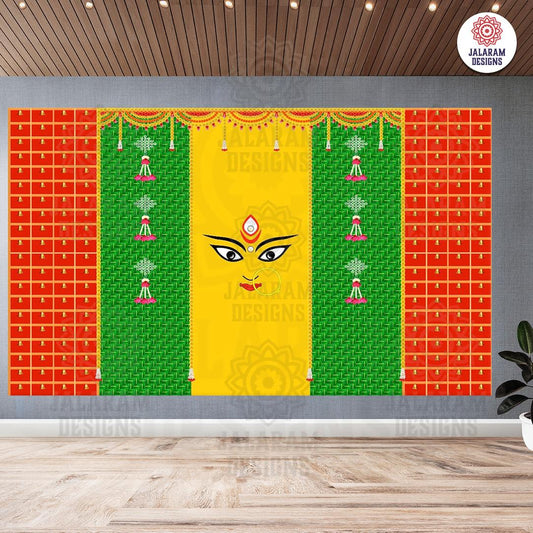 Durga MataFace on Weaved Green Coconut Leaf and Hanging Bells Design Backdrop Cloth for Pooja Decoration Traditional Background Size (5x8)FT