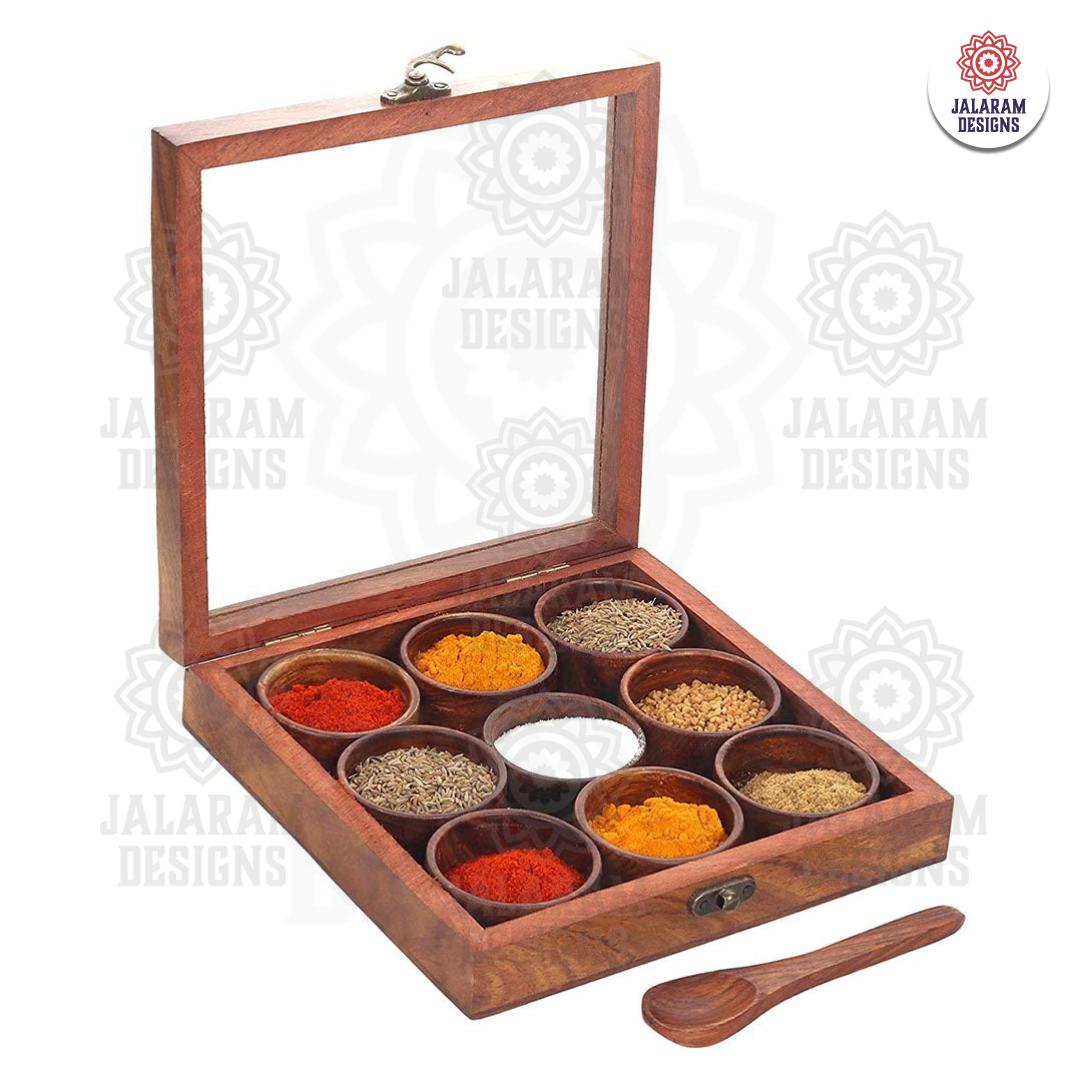 Wooden Handmade Square Masala Box/ Spice Box/ Storage Box having 9 Round Detachable Containers, Brown Color