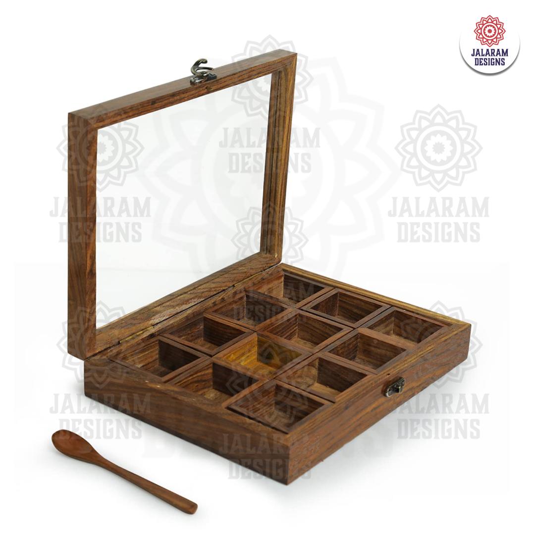 Wooden Handmade Rectangular Masala Box/Spice Box/Storage Box having 12 Square Detachable Containers, Brown Color