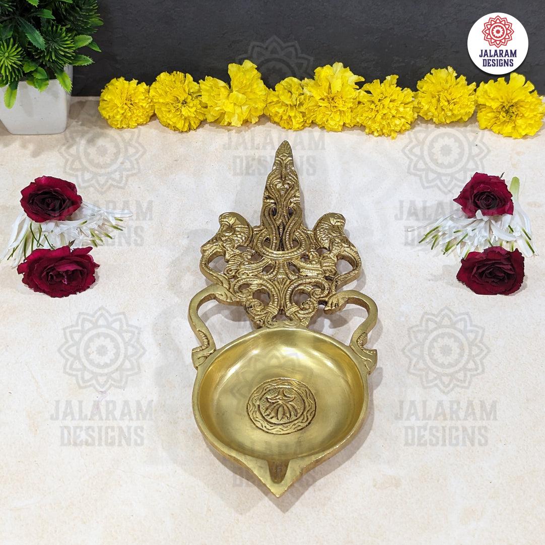 Brass Handcrafted Aarti Spoon with Large Diya and Carved Handle