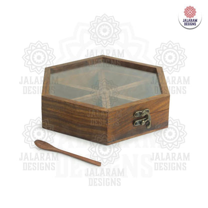 Wooden Handmade Masala Box/Spice Box/Storage Box having 6 Detachable Containers, Brown Color