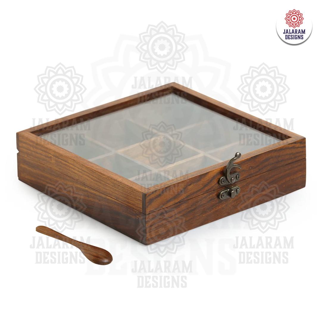 Wooden Handmade Square Masala Box/ Spice Box/ Storage Box having 9 Detachable Containers, Brown Color