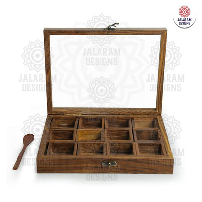 Wooden Handmade Rectangular Masala Box/Spice Box/Storage Box having 12 Square Detachable Containers, Brown Color