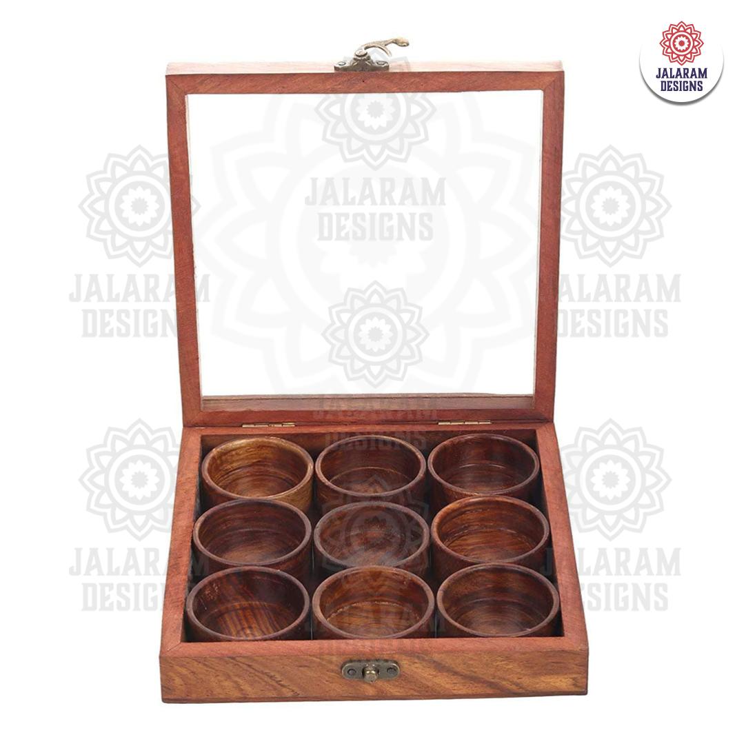 Wooden Handmade Square Masala Box/ Spice Box/ Storage Box having 9 Round Detachable Containers, Brown Color