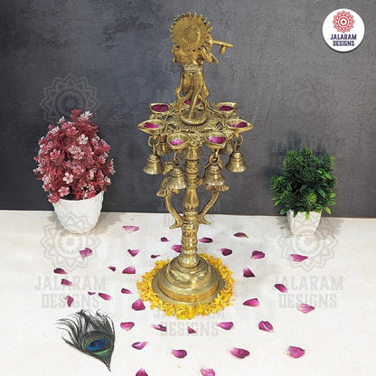 Brass Krishana Diya Stand with Bell