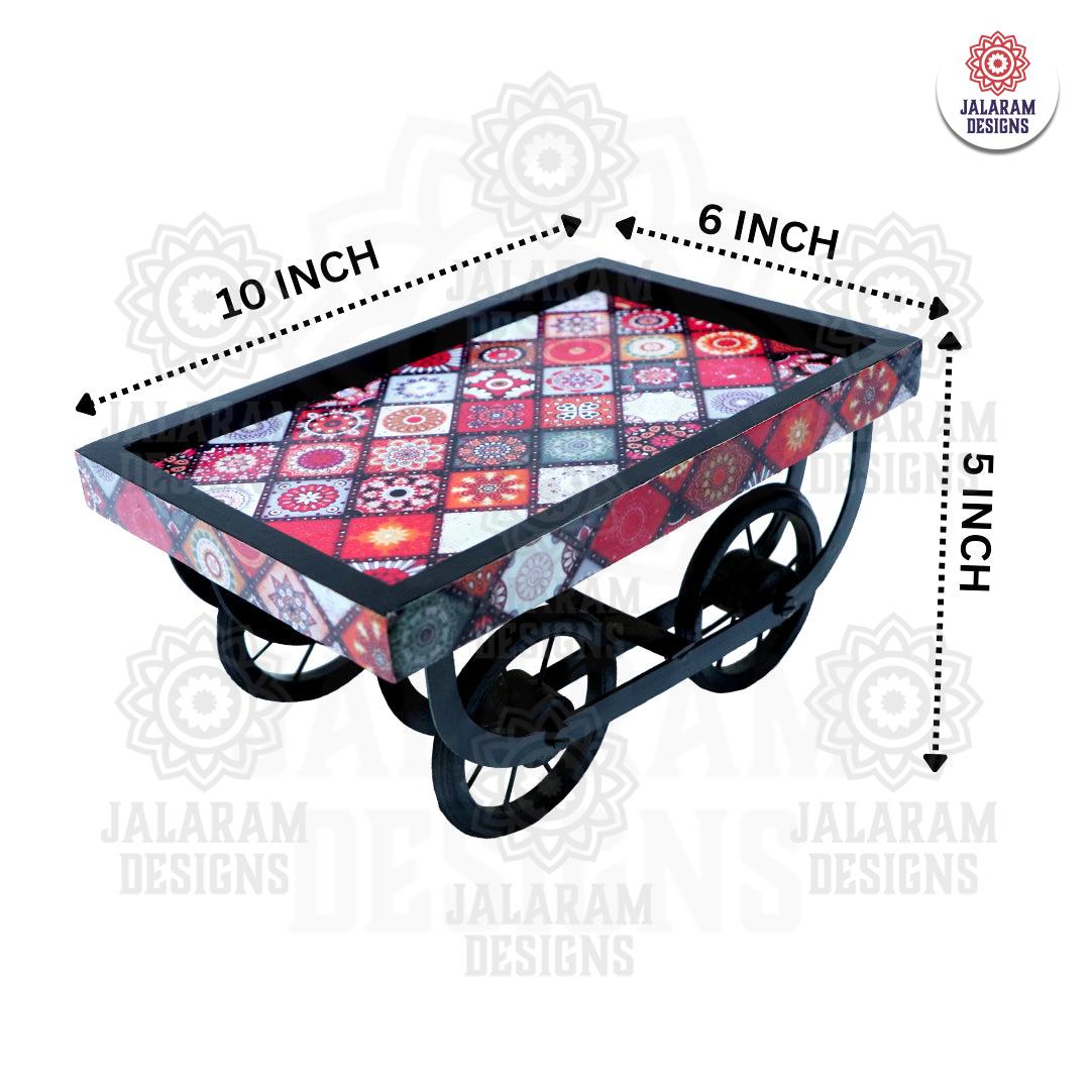 Serving Thela Cart Platter Trolley Platter for Dining Table, Kitchen Decor Wood Decorative Platter (Red)