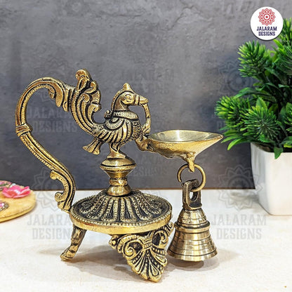 Antique Brass Peacock Diya with Bell