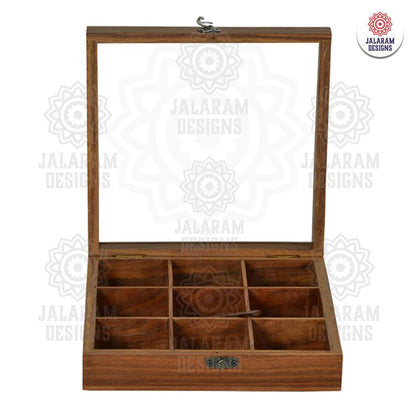 Wooden Handmade Square Masala Box/ Spice Box/ Storage Box having 9 Detachable Containers, Brown Color