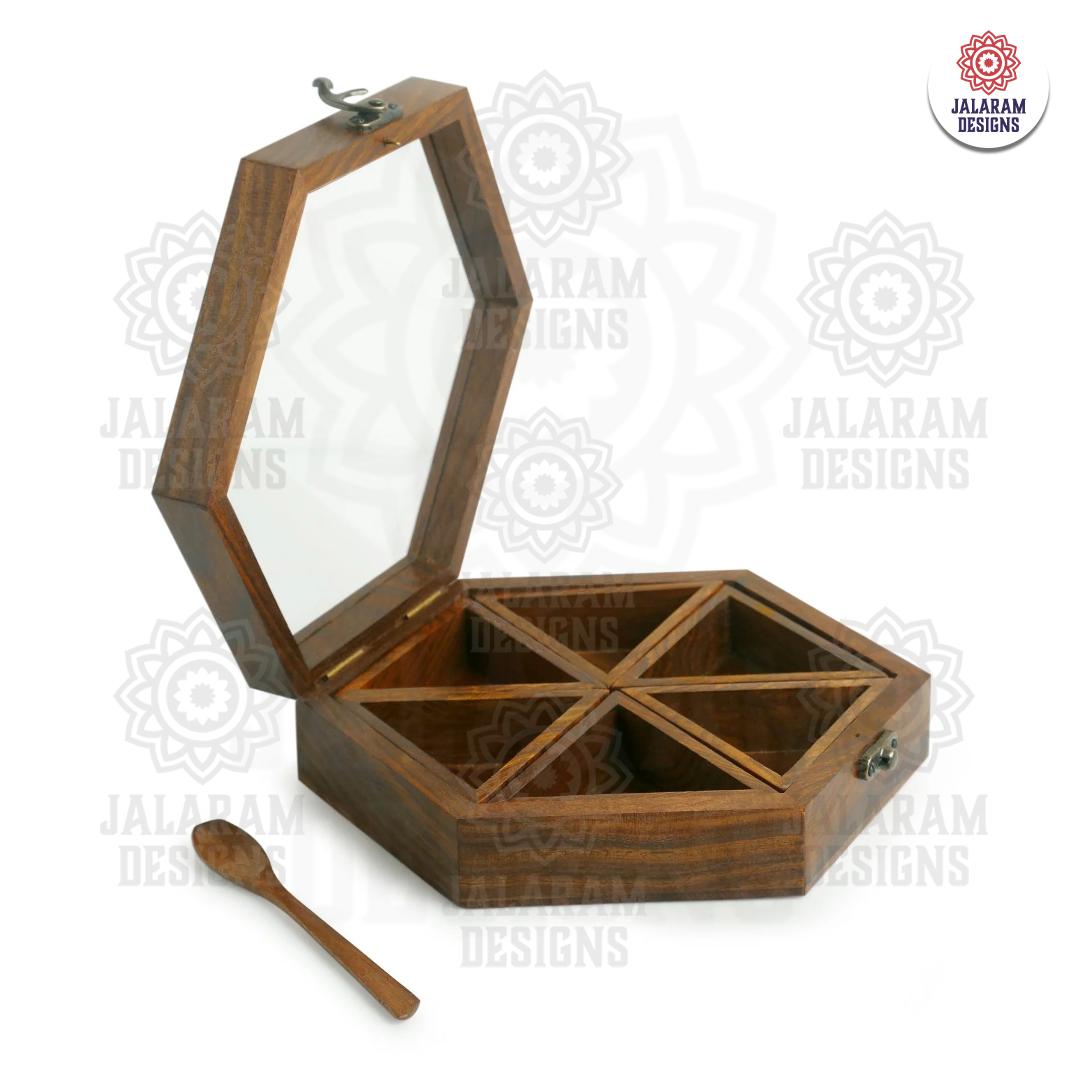 Wooden Handmade Masala Box/Spice Box/Storage Box having 6 Detachable Containers, Brown Color